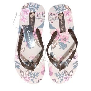 Floral Flip Flops with Brown Straps